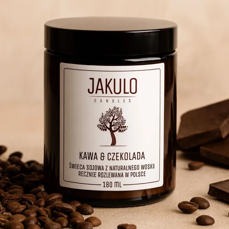 Świeca sojowa 180 ml JAKULO Kawa i Czekolada w szklanym brązowym słoiczku z nakrętką – intensywny, aromatyczny zapach świeżo mielonej kawy i gorzkiej czekolady.