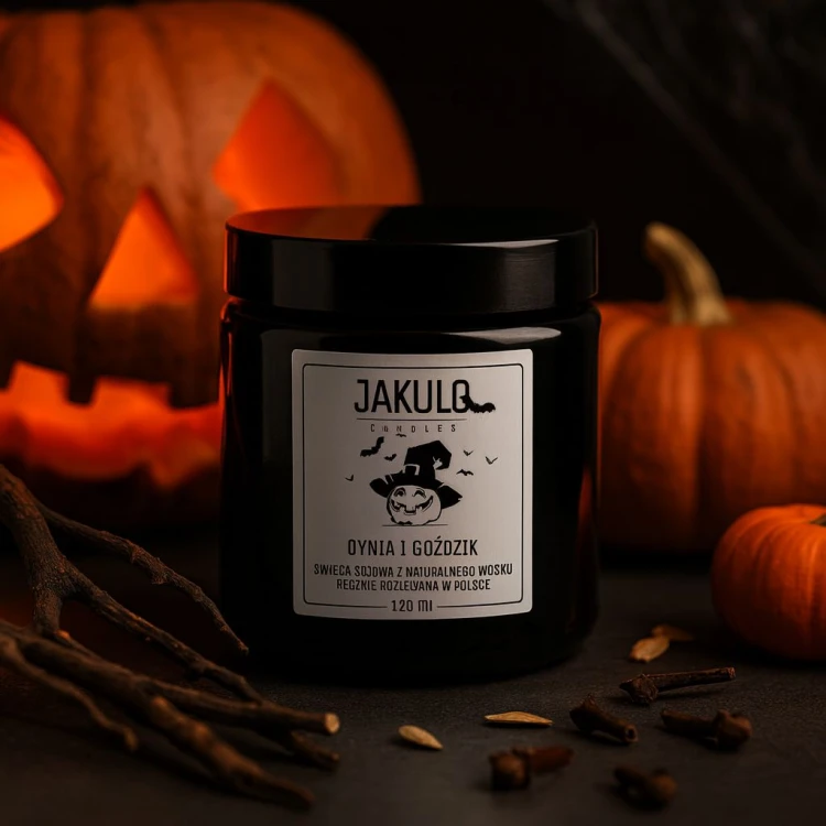 Świeca sojowa 120ml w brązowym ciemnym słoiczku o zapachu Dyni I Goździka ze specjalną etykietą na Halloween