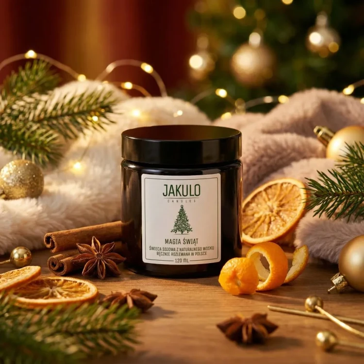 Świeca sojowa JAKULO Magia Świąt w eleganckiej, świątecznej aranżacji.