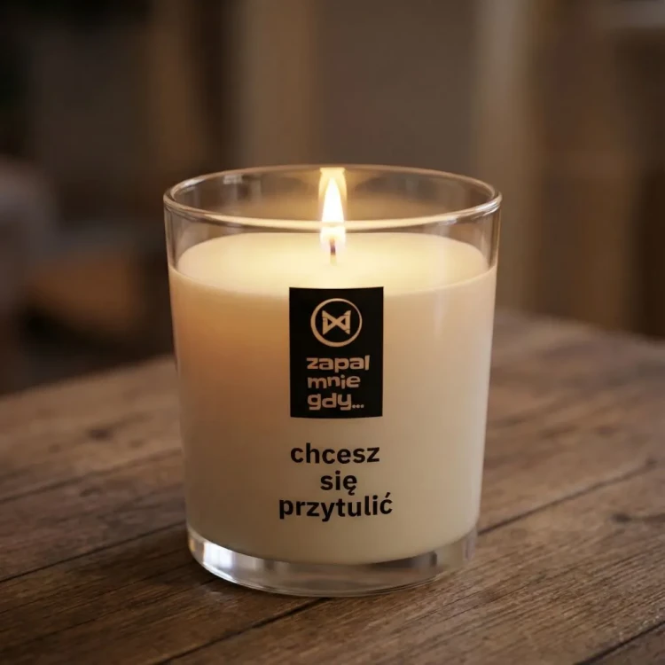 Świeca premium JAKULO z nadrukiem na szkle – Zapal mnie gdy chcesz się przytulić 365 ml