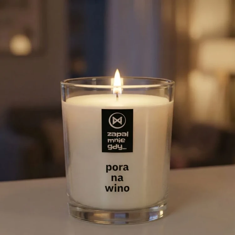 Świeca premium JAKULO z nadrukiem na szkle i drewnianą pokrywką – pora na wino