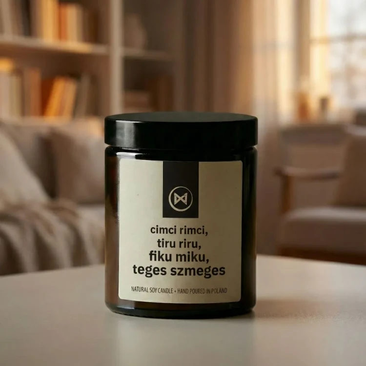 R teges szmeges 180 ml.jpgŚwieca JAKULO w brązowym słoiku z etykietą z nadrukiem – cimci rimci tiru riru fiku miku tege szmeges