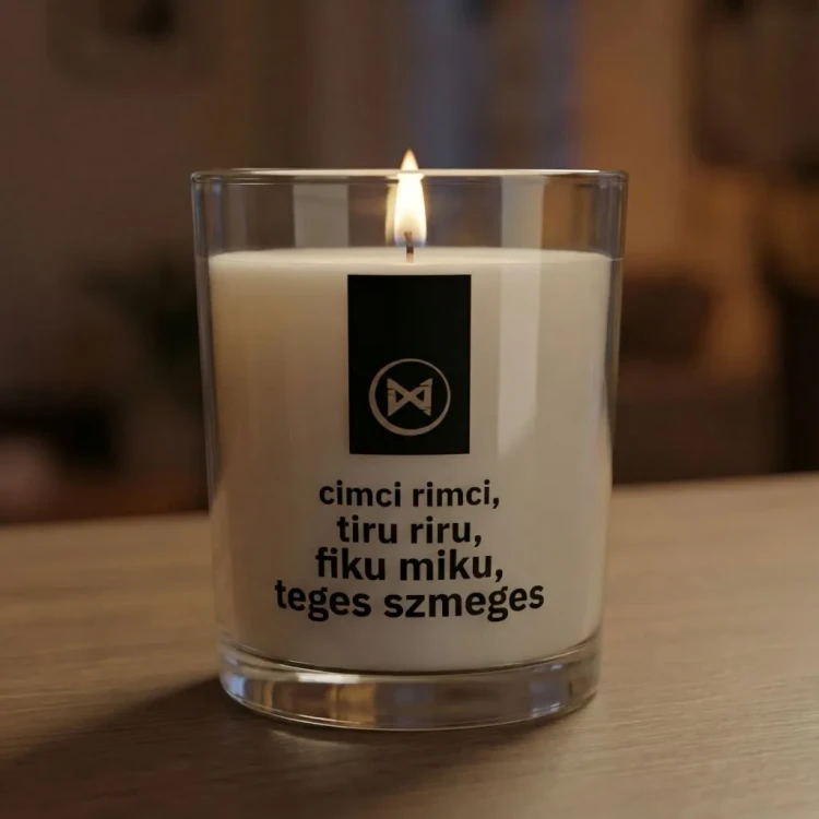 Świeca premium JAKULO z nadrukiem na szkle i drewnianą pokrywką – cimci rimci tiru riru