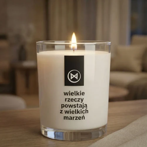 Świeca premium JAKULO z nadrukiem na szkle i drewnianą pokrywką – wielkie rzeczy powstają z wielkich marzeń