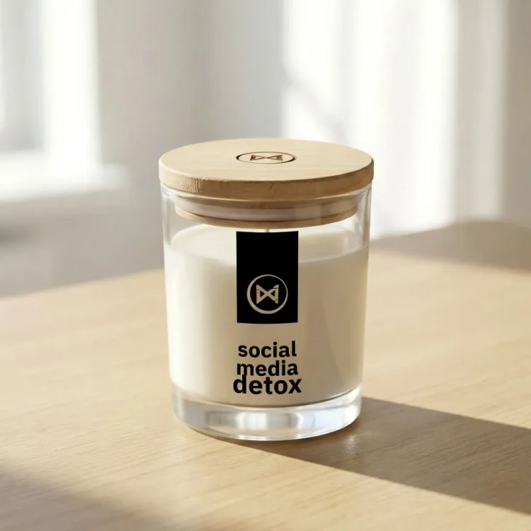 Świeca JAKULO z nadrukiem na szkle i drewnianą pokrywką – social media detox