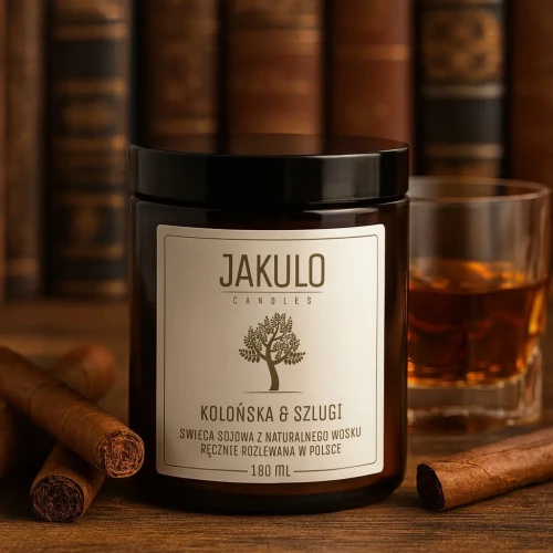 Świeca sojowa JAKULO Kolońska & Szlugi – elegancka kompozycja z nutami tytoniu, dębu, kadzidła i piżma, inspirowana aromatem kubańskich cygar i koniaku. Idealna do męskiego wnętrza, biblioteki lub salonu z kominkiem.
