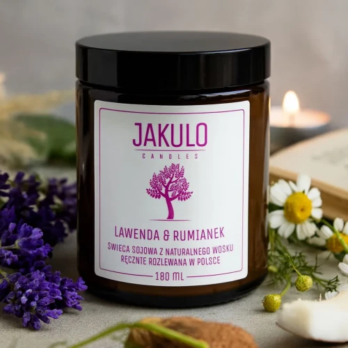 Świeca sojowa JAKULO Lawenda i Rumianek 180ml - relaksujący zapach lawendy