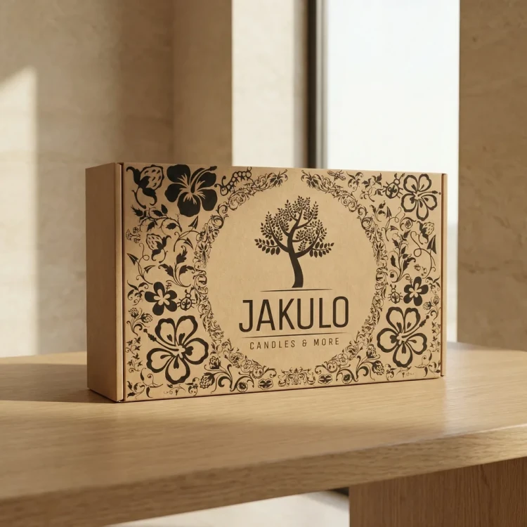 Pudełko prezentowe JAKULO Candles & More na drewnianej półce