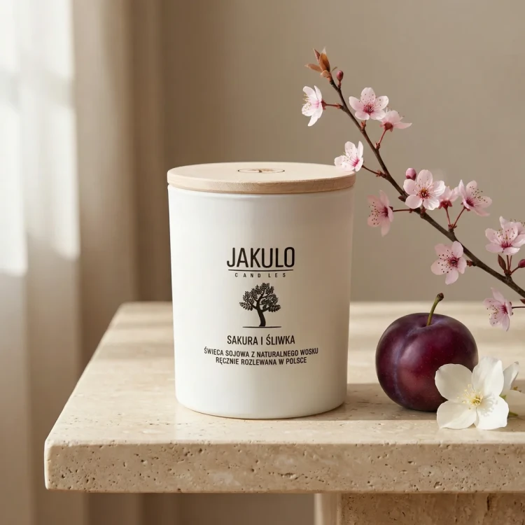 świeca sojowa premium Sakura i Śliwka JAKULO 280ml z drewnianą pokrywką elegancki zapach kwiatowo-owocowy
