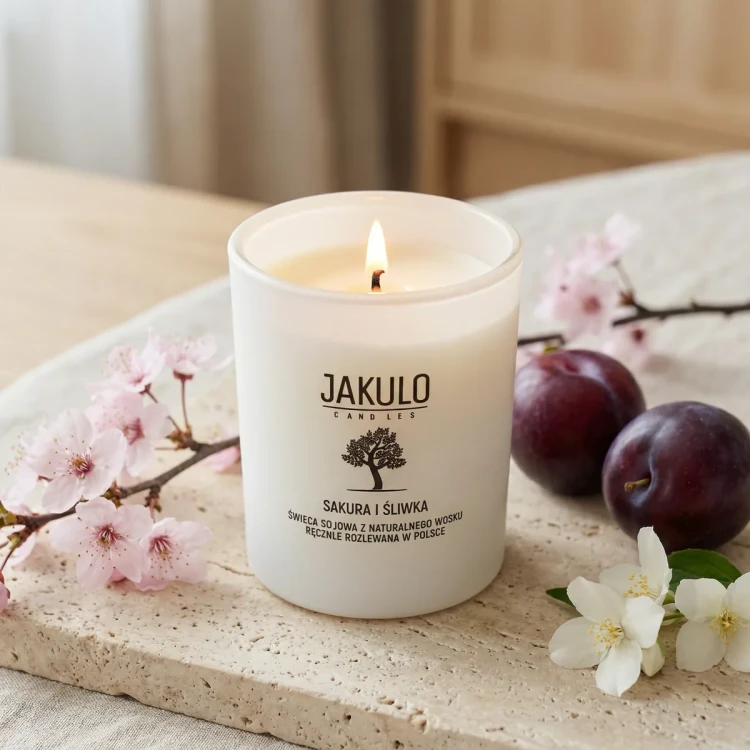 świeca sojowa Sakura i Śliwka JAKULO premium zapalona wśród kwiatów wiśni i śliwek