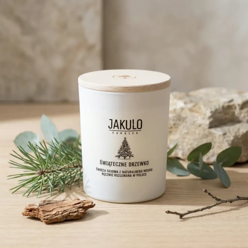 świeca sojowa premium Świąteczne Drzewko JAKULO 280ml z drewnianą pokrywką zapach leśny świąteczny