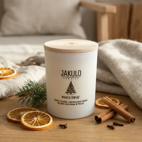 świeca sojowa premium Magia Świąt JAKULO 280ml z drewnianą pokrywką zapach korzenno-pomarańczowy