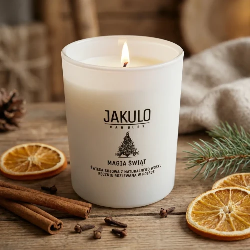 świeca sojowa Magia Świąt JAKULO premium zapalona z cynamonem i suszonymi pomarańczami