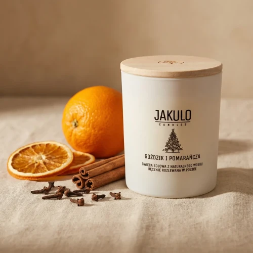 świeca sojowa premium Goździk i Pomarańcza JAKULO 280ml z drewnianą pokrywką zapach korzenny