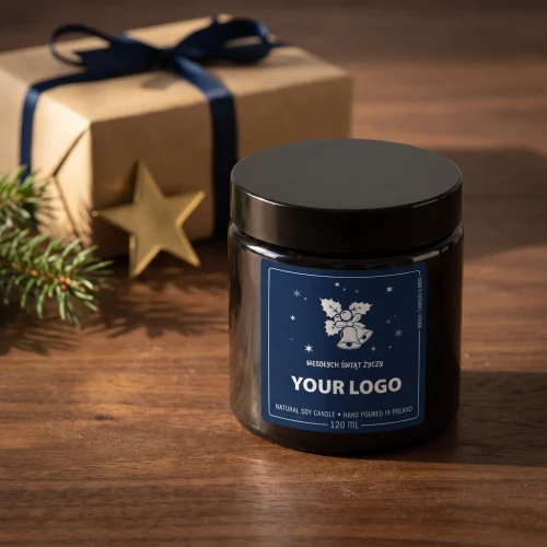 Świeca sojowa 120 ml z logo firmy – etykieta Dzwonki granatowa | JAKULO
