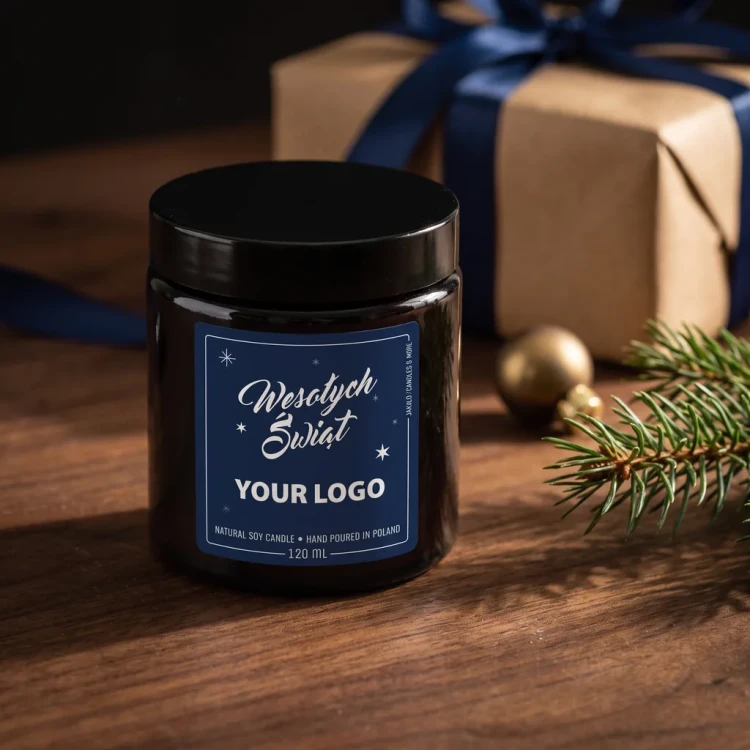 Świeca sojowa 120 ml z logo firmy – etykieta Wesolych Swiat granatowa | JAKULO