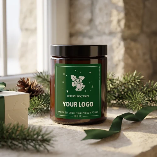 Świeca sojowa 180 ml z logo firmy – etykieta Dzwonki zielona | JAKULO