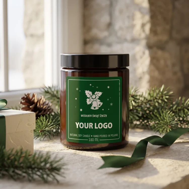 Świeca sojowa 180 ml z logo firmy – etykieta Dzwonki zielona | JAKULO