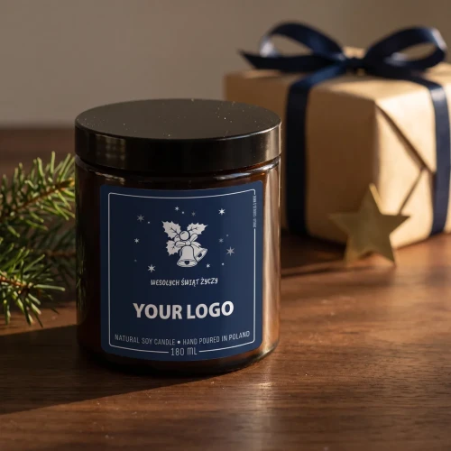 Świeca sojowa 180 ml z logo firmy – etykieta Dzwonki granatowa | JAKULO