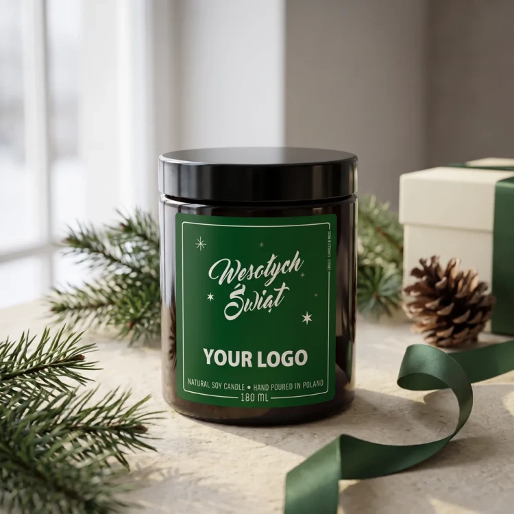 Świeca sojowa 180 ml z logo firmy – etykieta Wesolych Swiat zielona | JAKULO