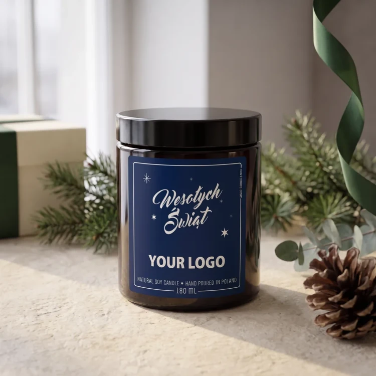Świeca sojowa 180 ml z logo firmy – etykieta Wesolych Swiat granatowa | JAKULO