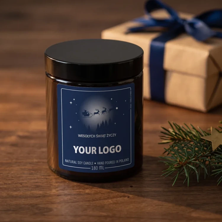 Świeca sojowa 180 ml z logo firmy – etykieta Sanie granatowa | JAKULO
